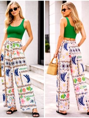 Label Of Love, Wide-Leg Linen Blend Pants in White Multi Tropical Fruit Print